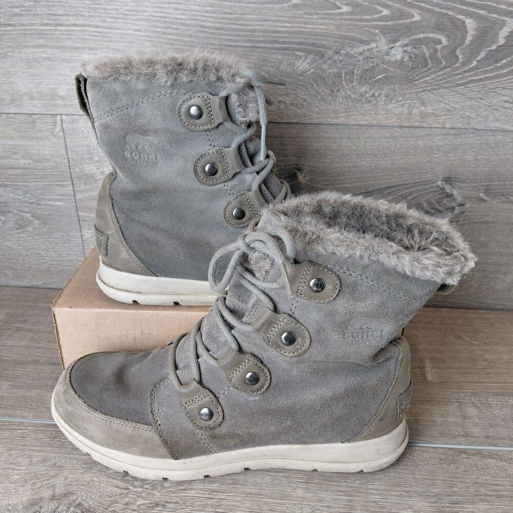 Sorel Explorer Joan Boots Women 10 Gray Suede Leather Winter Waterproof Faux Fur